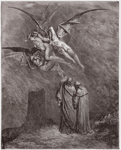 The Divine Comedy (La Divina Commedia, La Divine Comedie), Inferno, Canto 9: The heseous Erinyes: Megaera, Tisphone, Alecto - af Dante Alighieri (1265-1321) - Illustration af Gustave Dore (1832-1883) af Gustave Dore