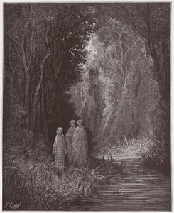 Den guddommelige komedie (La Divina Commedia, La Divine Comedie), Purgatorio, Canto 28: Dante, Virgil og Statius i den ældgamle skov i det terrestriske paradis - af Dante Alighieri (1265-1321) - Illustration af Gustave Dore (1832-1883) ) af Gustave Dore