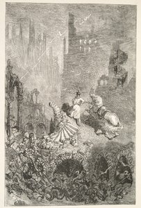 The Downfall of King Pellams Castle, fra Stories of the Days of King Arthur af Charles Henry Hanson, pub.1898 af Gustave Dore