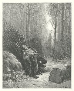 La Fontaines fabler: Døden og skovhuggeren (kobberstik) af Gustave Dore