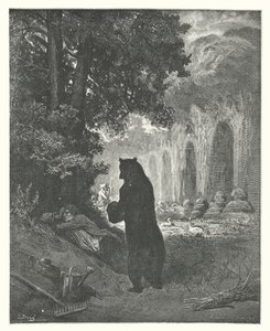 La Fontaines fabler: Bjørnen og amatøren i havearbejde (kobberstik) af Gustave Dore