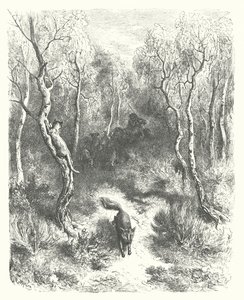 La Fontaines fabler: Katten og ræven (kobberstik) af Gustave Dore