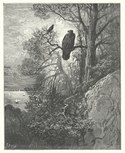 La Fontaines fabler: Ørnen og Skaden (kobberstik) af Gustave Dore