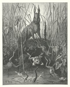La Fontaines fabler: Haren og frøerne (kobberstik) af Gustave Dore