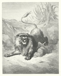 La Fontaines fabler: Løven og myggen (kobberstik) af Gustave Dore