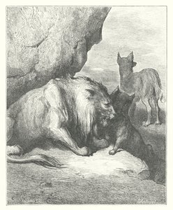La Fontaines fabler: Løven, ulven og ræven (kobberstik) af Gustave Dore