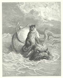 La Fontaines fabler: Aben og delfinen (kobberstik) af Gustave Dore