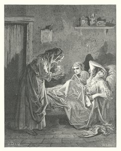La Fontaines fabler: Den gamle kvinde og hendes tjenere (kobberstik) af Gustave Dore
