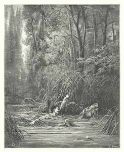 La Fontaines fabler: Bækkenet og floden (kobberstik) af Gustave Dore