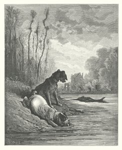La Fontaines fabler: De to hunde og det døde æsel (kobberstik) af Gustave Dore