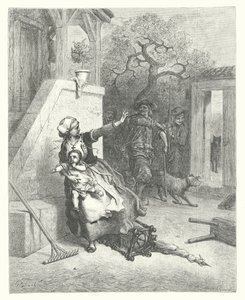 La Fontaines fabler: Ulven, moderen og barnet (kobberstik) af Gustave Dore