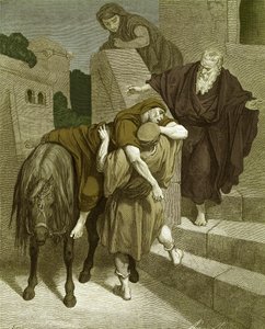 Den barmhjertige samaritaner på kroen, af Doré. - Bibel af Gustave Dore