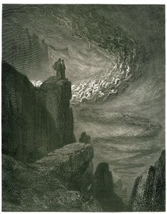Dante Alighieris helvede (den guddommelige komedie) illustreret af Gustave Dore. Fransk udgave af 1861. ”Den infernalske storm, som aldrig bliver tilbage/efterlader ånderne med sit røveri. (Den infernalske orkan, som aldrig stopper, trækker ånder ind i sin af Gustave Dore