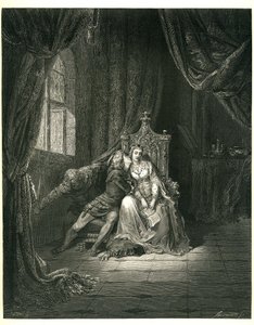 Dante Alighieris Helvede (Den guddommelige komedie) illustreret af Gustave Dore. Fransk udgave fra 1861. Francesca da Rimini og hendes elsker: "Quel giorno piu non vi leggemo avante. (Denne dag læser vi ikke videre)", sang 5. v. 138 af Gustave Dore
