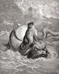 Aben og delfinen efter et værk af Gustave Dore til en La Fontaine-fabel. Fra Life and Reminiscences of Gustave Dore, udgivet i 1885. af Gustave Dore