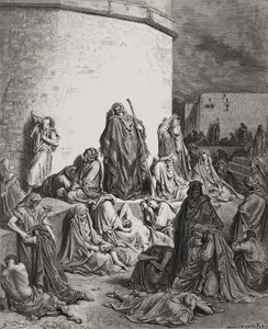 Folket sørger over ruinerne af Jerusalem, Lamentations 1:1-2 illustration fra Dores 
