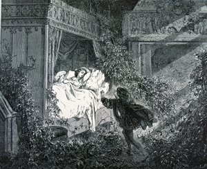 Prinsen kommer ind i prinsessens soveværelse på det fortryllede slot, illustration til 
