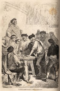Navajaens baratero våben, der kræver den barato, hyldest, at han arrogerede på mængden af hemmelige spil. Tegning af Gustave Dore (1832-1883), til illustration af hans rejse til Spanien i 1862, med Ch. Davillier. Indgravering i "" Le tour du monde"", red af Gustave Dore