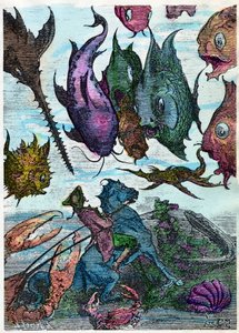 Baronen på sin hest krydser fisk i havbunden. Scene fra "Baron de Münchhausens eventyr" af Rudolph Erich Raspe (1736 - 1794), illustration af Gustave Dore. Slutningen af det 19. århundrede. af Gustave Dore