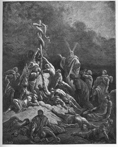 Den skamløse slange - "" Den kobberslange"" - Anden Mosebog (nahash), forvandlingen af Moses stok til en slange - Moses og den kobberslange - - indgravering i "" Bibelen illustree"" af Gustave Dore ( 1832-1883) - Indgravering fra "" The Dore Bi af Gustave Dore