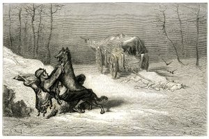 Røveren Agostin bliver angrebet af en ulv, og i nærheden af den døde hest, der stadig sidder i vognen, opgiver komikerne eller gemmer den lille Chiquita. Kobberstik af Gustave Dore, der illustrerer Theophile Gautiers roman "Le capitaine Fracasse", edition  af Gustave Dore