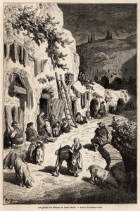 Sigøjnernes huler (underjordiske huse) i Sacro Monte, i Granada. Tegning af Gustave Dore (1832-1883), til illustration af hans rejse til Spanien i 1862, ledsaget af Ch.Davillier. Indgravering i "" Le tour du monde"", redigeret af Edouard Charton af Gustave Dore