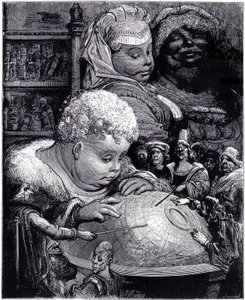 Uddannelsen af Gargantua: kæmpen, barnet, studerer en klode med sine lærere under sine forældres øjne af Gustave Dore