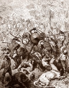 Kampen mod multererne fra Yanguas Gravering af Gustave Dore (1832-1883) for "The Ingenieux Hidalgo Don Quixotte de la Manche (Quixotte - Quijote)" af Miguel de Cervantes (1547-1616) 1863 Privat samling af Gustave Dore