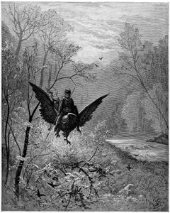 Flodhesten, besteget af ridderen Ruggiero (Roger, Ruggero), ankommer til en grinende region - Kobberstik af Gustave Dore til "Den rasende Roland" af Ludovico Ariosto (1474-1533) dit l
