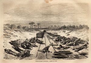 Hviletimen i Argamasilla hviler de mange jernbanearbejdere, der ligger på banen, i fuld sol. Gravering til illustration af rejsen til Spanien af Gustave Dore (1832-1883) illustrator og baron Ch. Davillier reaktor, i 1862, offentliggjort i "Le tour du monde af Gustave Dore