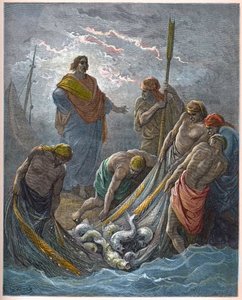 Det mirakuløse træk af fisk - Mirakuløst fiskeri - - Indgravering i "The Bible illustree" af Gustave Dore (1832-1883) - Indgravering fra "" The Dore Bible"" af Gustave Dore