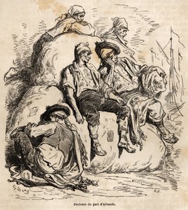 Luren for transportørerne i Alicantes havn, skitse lavet på Gustave Dores livlige (1832-1883), for at illustrere hans rejse til Spanien i 1862 med Ch. Davillier. Indgravering i "" Le tour du monde"", redigeret af Edouard Charton af Gustave Dore
