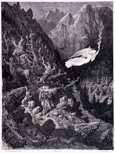 Den gamle mand, der holder en pung og sin stok, der går i et fjendtligt landskab, overvindes af en engel, der vifter med en ildsfart, Tavle VII - Illustration af Gustave Dore (1832-1883), til La legende du Jew wandering af Pierre Dupont, Edition Librairie  af Gustave Dore