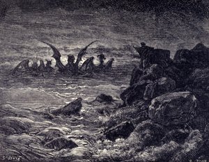 Profeten Daniel ser monstre dukke op: Haniel, Kafziel, Azriel, Aniel. Indgravering fra Bibelen illustreret af Gustave Dore. 19. århundrede af Gustave Dore
