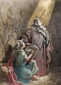 Profeten Jeremie dikterer sine profetier til Baruch - Colorisee-gravering af Pannemacker, fra Gustave Dores bibel (1832-1883) - Jeremiah (650-585 f.Kr.), hebraisk profet. Jeremias dikterer sine profetier til Baruk. Stik af Pannemaker, The Bibl af Gustave Dore