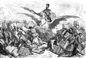 Forfatteren Cervantes rider på en vingehest (Pegase) med sin bog "Don Quijote" og en fjer i hånden, mens han flyver hen over andre forfattere, der bærer (tungt!) på deres bøger. Gravering af Gustave Dore, der illustrerer Hachette-udgaven af bogen "L