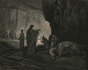 Så min guide, hans håndflader udvider sig på jorden, c1890. af Gustave Dore