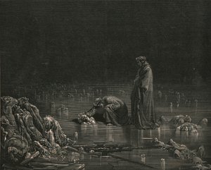 Da jeg tog fat i hans bagende hovedbund, råbte jeg: Nævn dig, eller ej skal et hår blive her, c1890. af Gustave Dore