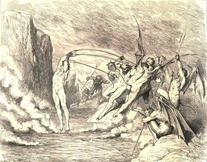 Når det er sagt, greb de ham med mere end hundrede kroge, c1890. af Gustave Dore