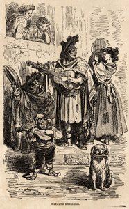Omrejsende musikere i Valencia, tegning af Gustave Dore (1832-1883), for at illustrere hans rejse til Spanien med C.Davillier, i 1862. Indgravering i "" Le tour du monde"", redigeret af Edouard Charton af Gustave Dore