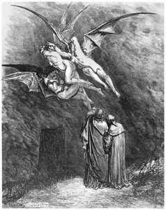 Vergil (70-19 f.Kr.) Dante og erinyerne, illustration fra "Den guddommelige komedie" (Inferno) af Dante Alighieri (1265-1321) Paris, udgivet 1885 af Gustave Dore