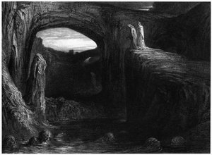 Virgil (70-19 f.Kr.) og Dante på vej ind i helvede, illustration fra 