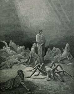 Virgil (70-19 f.Kr.) og Dante ser på edderkoppekvinden, illustration fra 