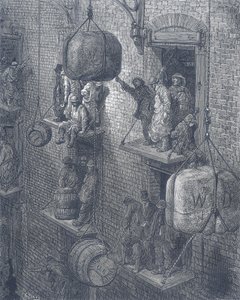 Lagerbygninger i byen London. Fra Gustave Dore og Blanchard Jerrold London: En pilgrimsrejse til London 1872. af Gustave Dore