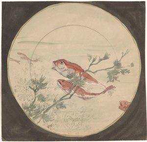 Design til et skilt med røde fisk, der svømmer op af Gustave Fraipont (signed by artist)