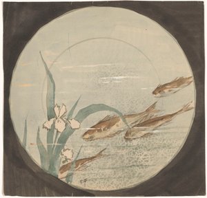 Design til en tallerken med fire brune fisk, der svømmer opad nær en hvid iris af Gustave Fraipont (signed by artist)