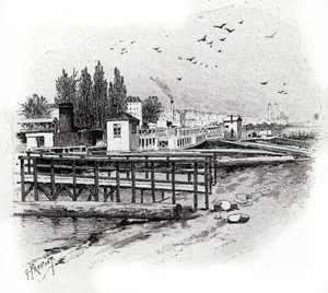 Vandbusser (pendlerbåde) reparationsværksteder på notfloden i Paris Tegning af Gustave Fraipont (1849-1923) tager udgangspunkt i "La seine a travers Paris" af Saint-Judges af Gustave Fraipont