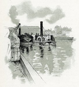 Både, der fortøjer i havnen i La Villette, Paris (både i havnen i La Villette, Paris) tegning af Gustave Fraipont (1849-1923) trækker fra “La Seine A Travers Paris” af Saint-Juirs af Gustave Fraipont