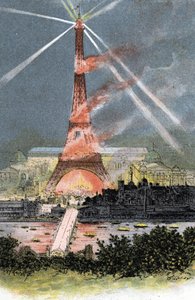 Eiffeltårnet oplyst under verdensudstillingen i Paris 1889 Tegning af Gustave Fraipont (1849-1923) tager udgangspunkt i "La seine a travers Paris" af Saint-Juirs