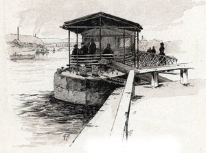Embarcadere des Bateaux-mouches (Bateaux-mouches) sur la Seine, Paris (Udsigt over turistbådenes kaj på not-floden, Paris) Tegning af Gustave Fraipont (1849-1923) tager fra Saint-Juirs "" La seine a travers Paris ” af Gustave Fraipont